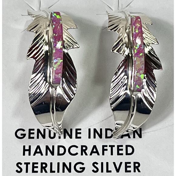 New Navajo Allen Barney Sterling Silver Pink Opal Feather Earrings Native SW - Picture 3 of 14